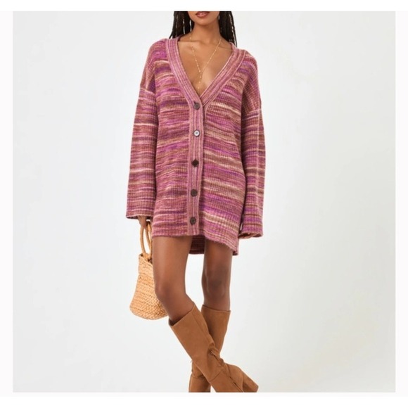 L*Space XS/S Button Down Knit Cardigan Duster Sweater Plum Purple Striped - Picture 2 of 9